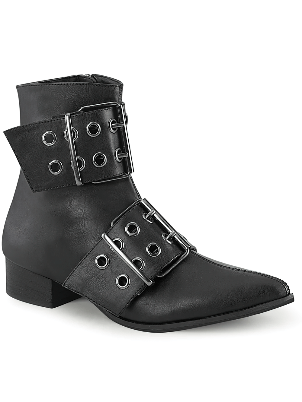 DEMONIA Black Pointed Toe Ankle Boots with Straps