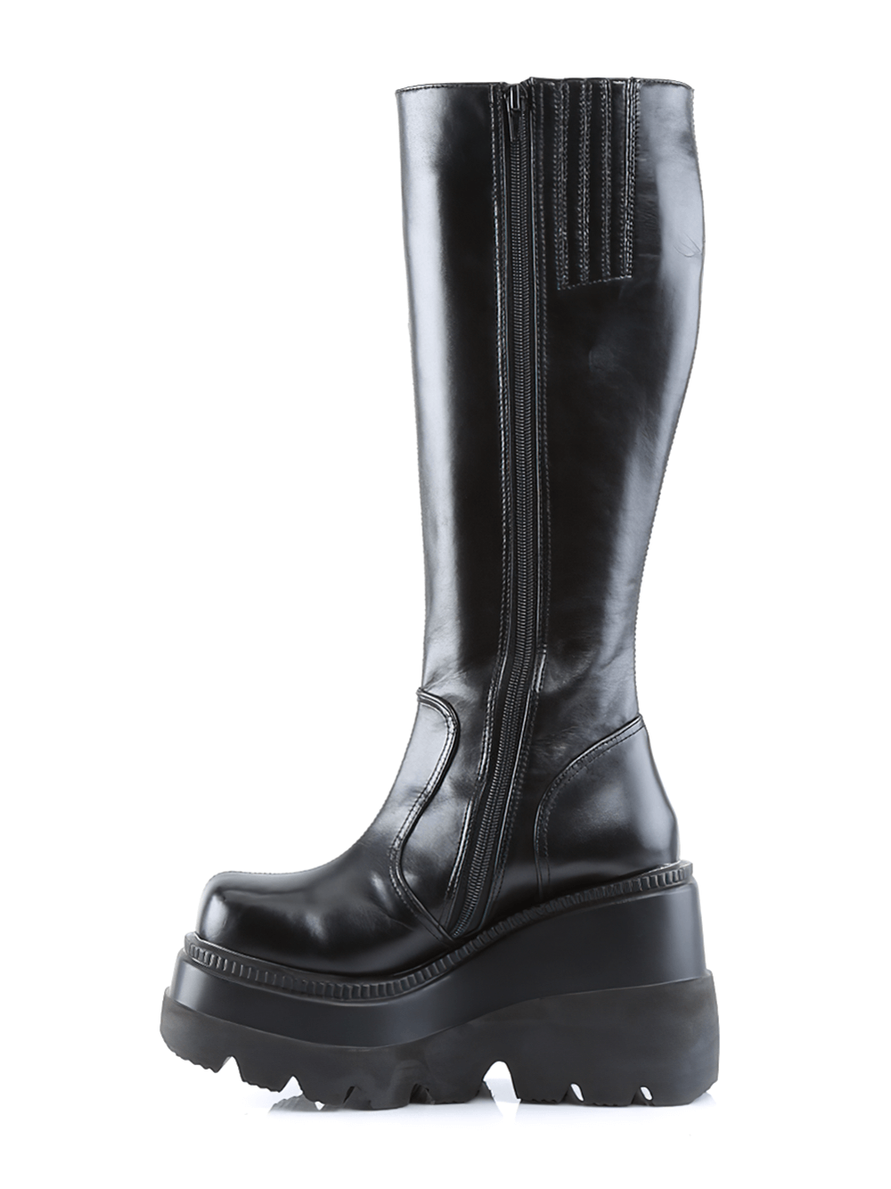 Demonia black knee-high stacked wedge platform boots with side zipper, edgy fashion statement.