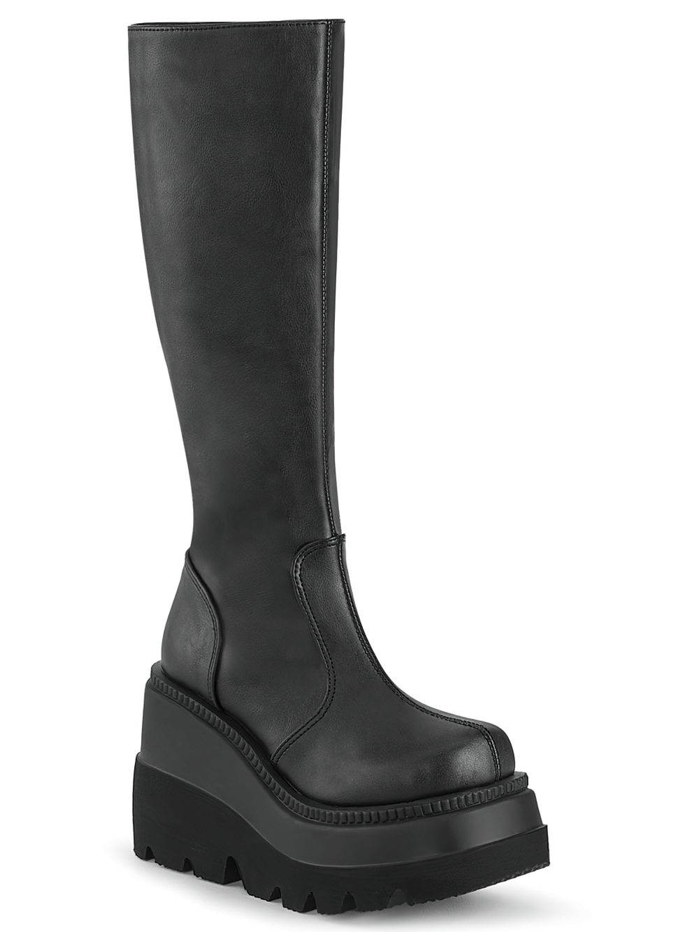 Demonia black stacked wedge platform knee-high boots with side zipper and bold design.