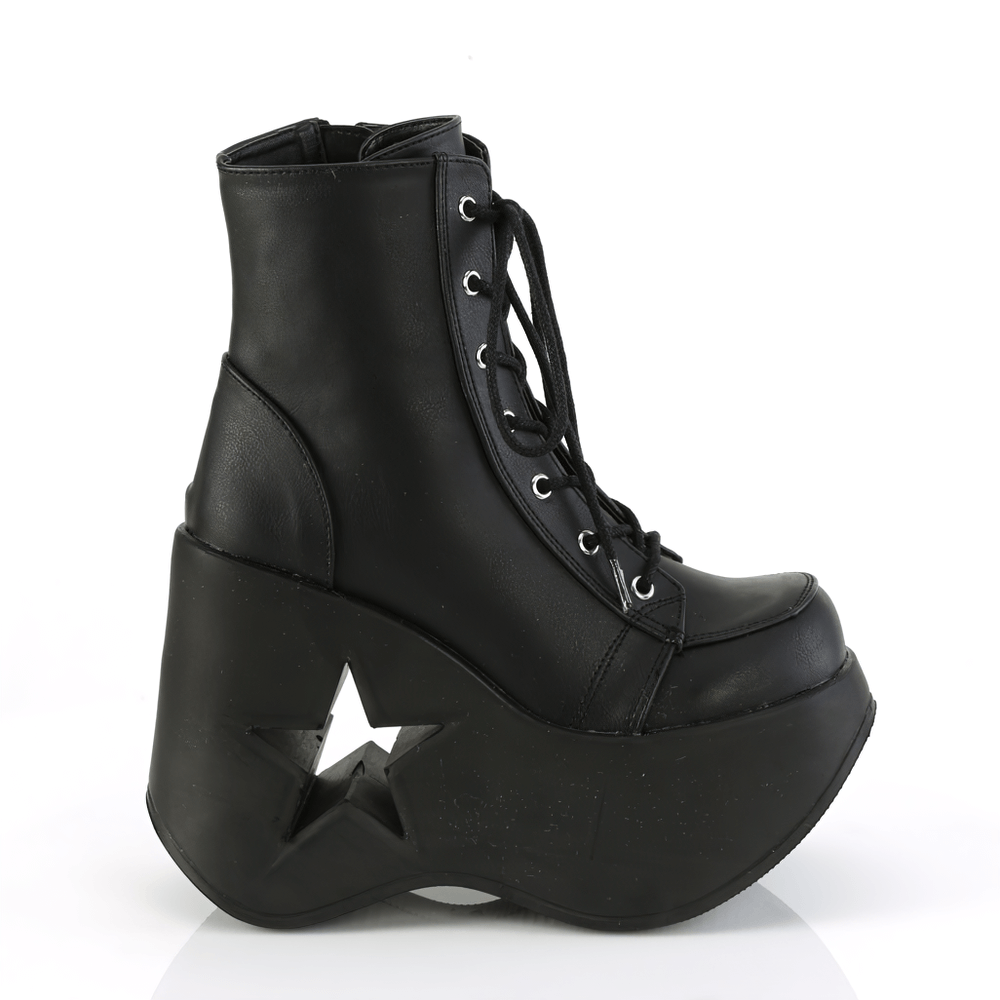 DEMONIA Black Star Cutout Wedge Platform Lace-Up Ankle Boots