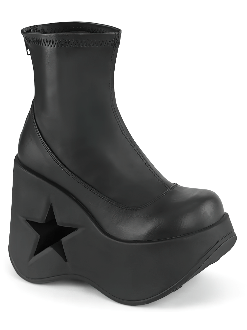 Demonia Black Star Platform Stretch Ankle Boots with zip, featuring a star cutout design and sleek vegan leather.