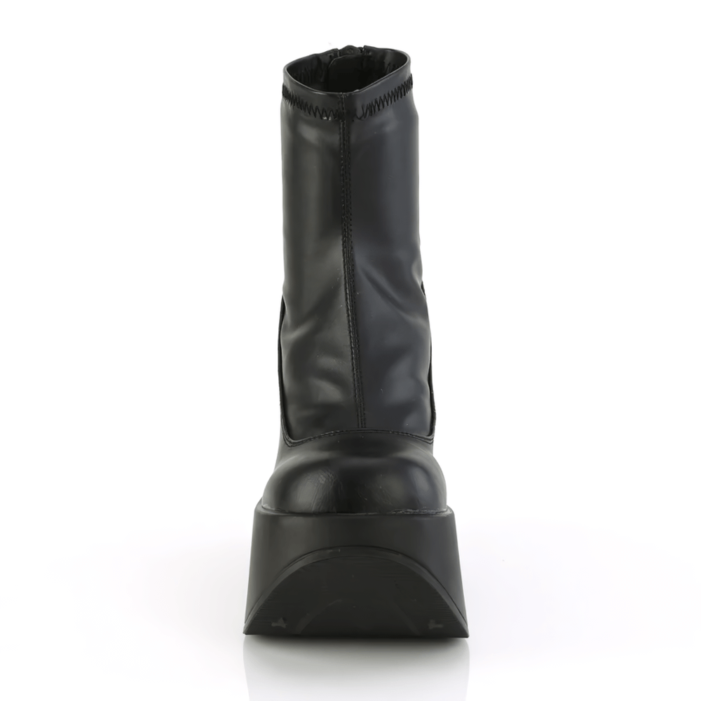 Front view of DEMONIA Black Star Platform Stretch Ankle Boots featuring a sleek vegan leather design and dramatic wedge.