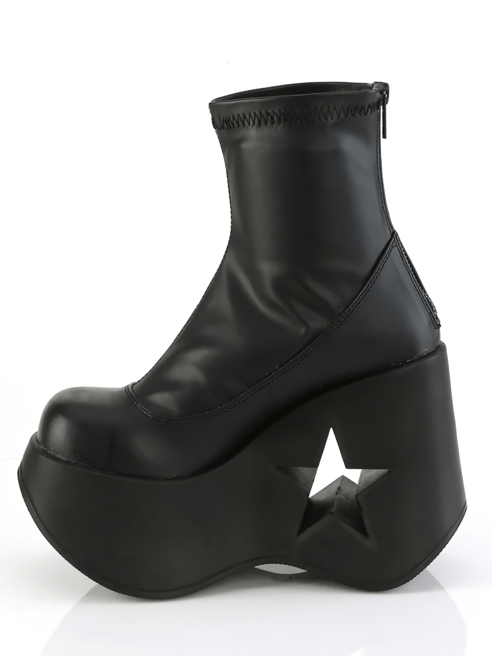 Demonia black star platform stretch ankle boots with zip, featuring a stylish star cutout wedge design.