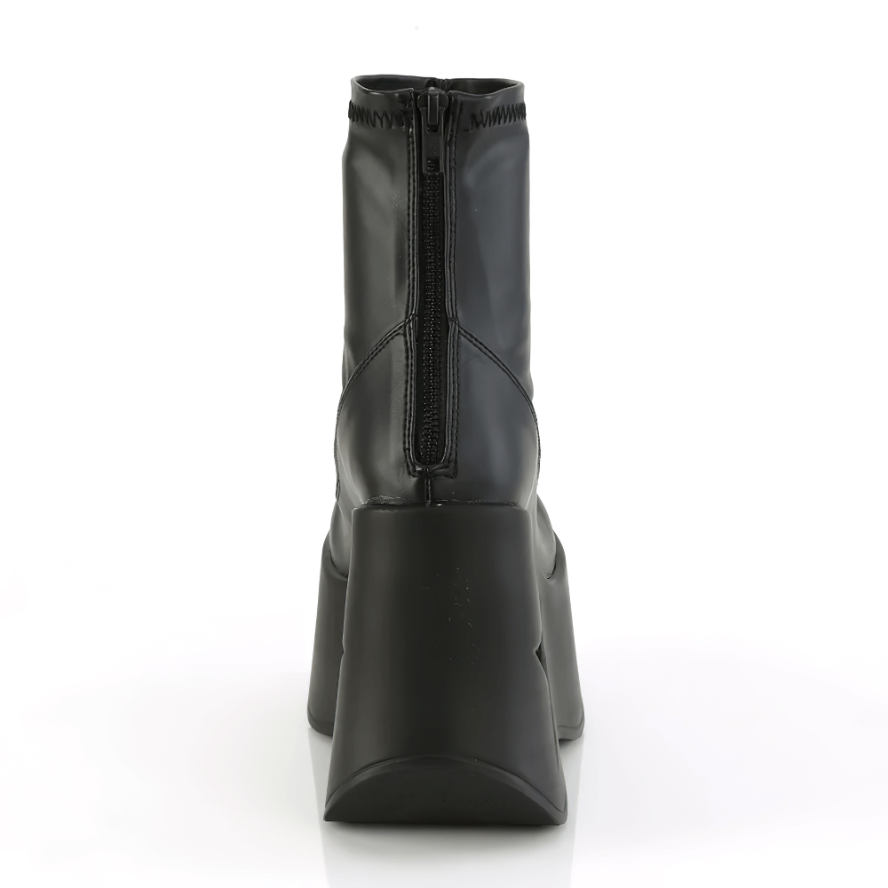 Back view of DEMONIA Black Star Platform Stretch Ankle Boots with Zip, showcasing a sleek design and star cutout wedge.