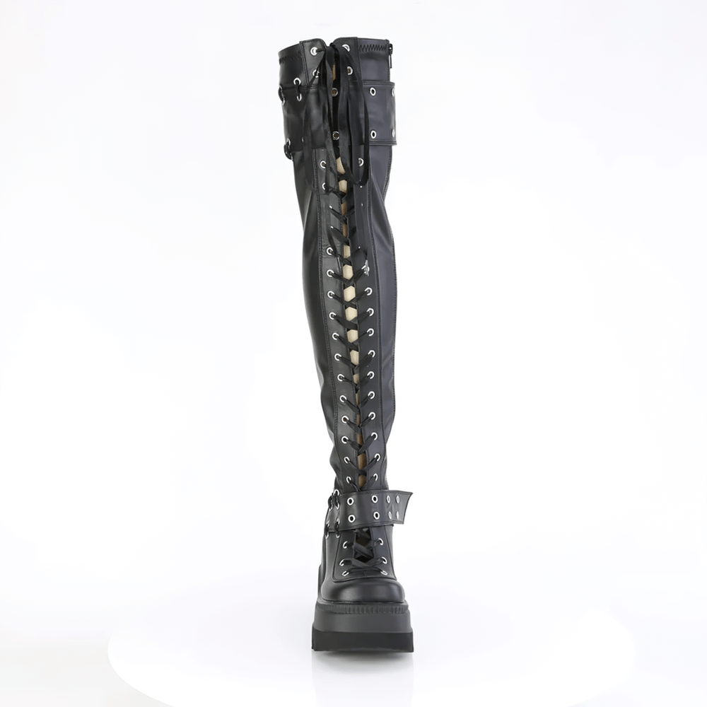 DEMONIA Black Stretch Lace-Up Thigh High Boots