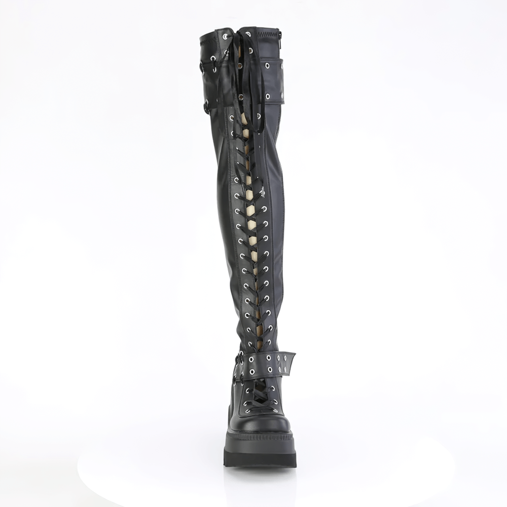Demonia black stretch lace-up thigh high boots with lace-up design and platform sole.