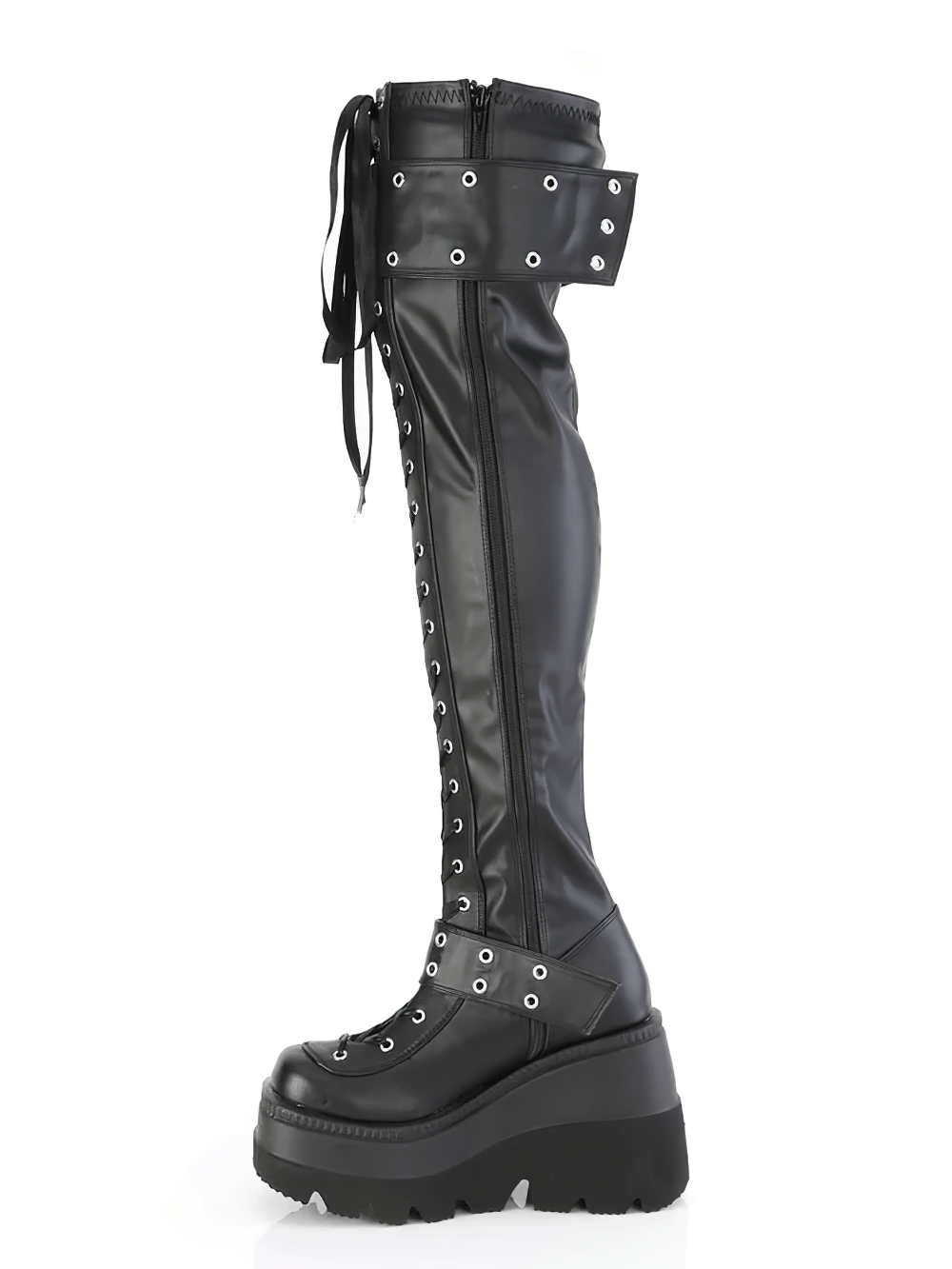 DEMONIA Black Stretch Lace-Up Thigh High Boots