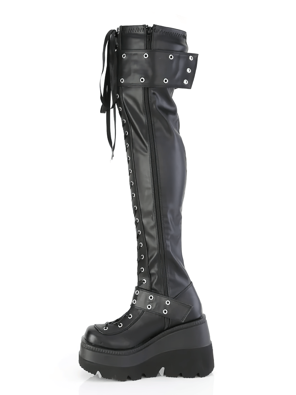 Demonia black stretch lace-up thigh high boots with wedge platform and vegan leather design.