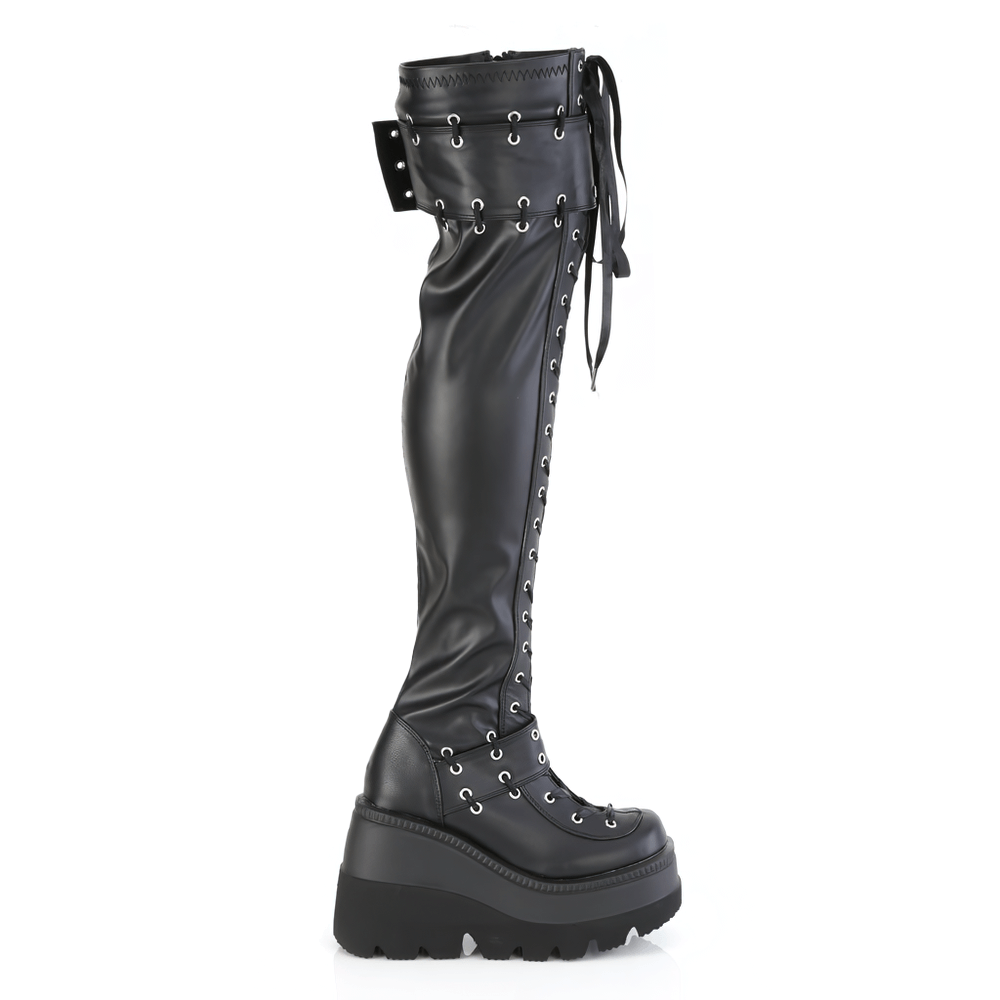 Demonia black stretch lace-up thigh high boots with a wedge platform and practical hook-n-loop straps.