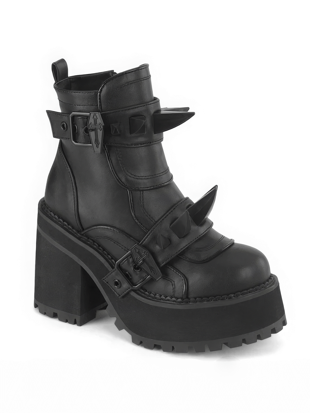 DEMONIA Black Studded Front Shield Ankle Boots
