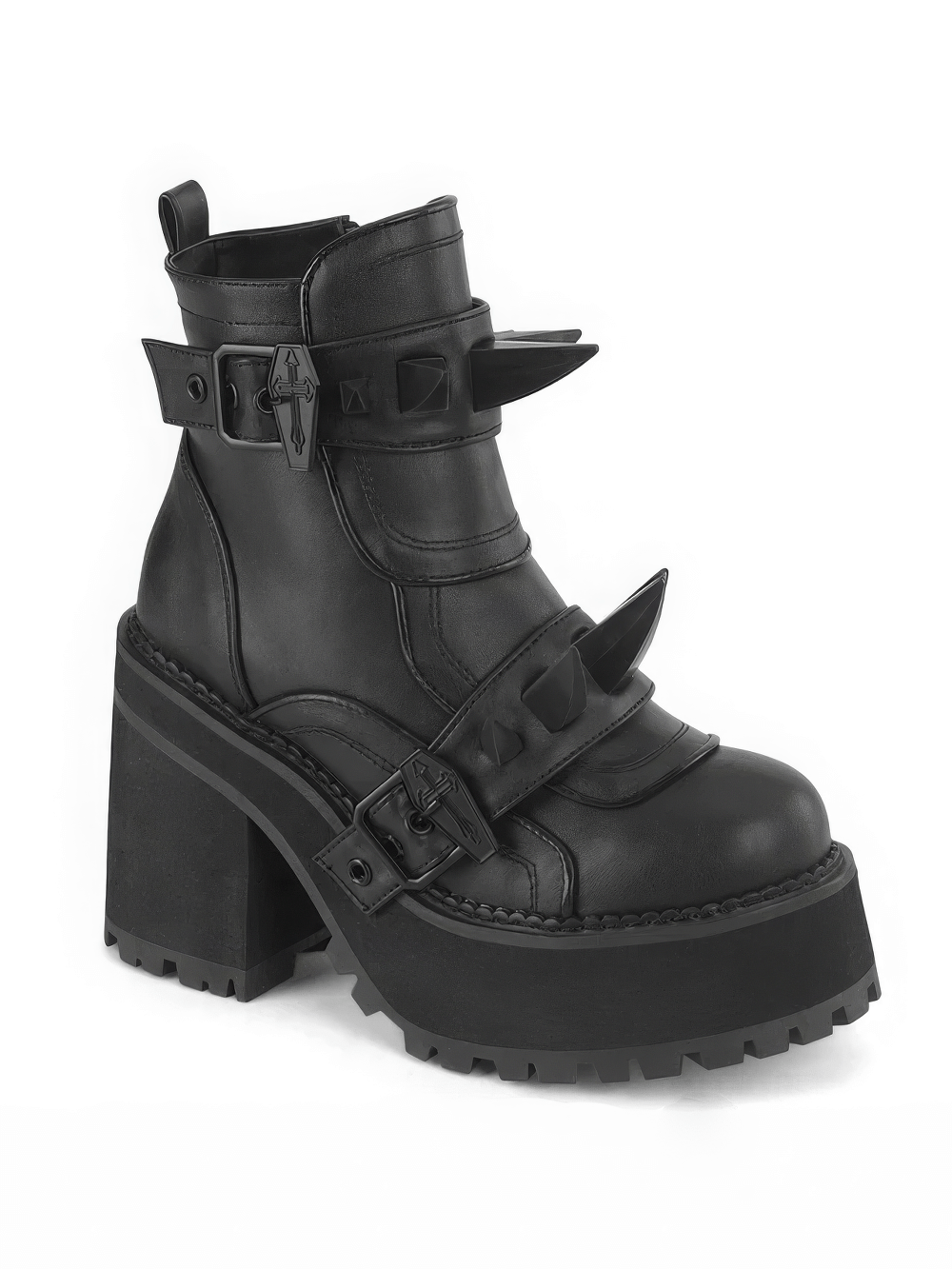 Demonia black ankle boots with spiked front shield and coffin buckle straps, showcasing a bold block heel.