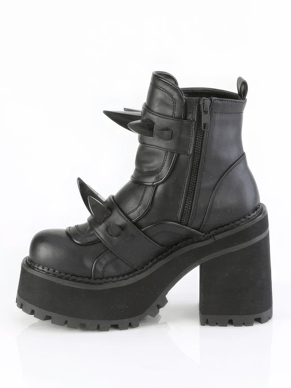 Demonia black studded ankle boots with claw spikes, coffin buckles, and a chunky block heel.