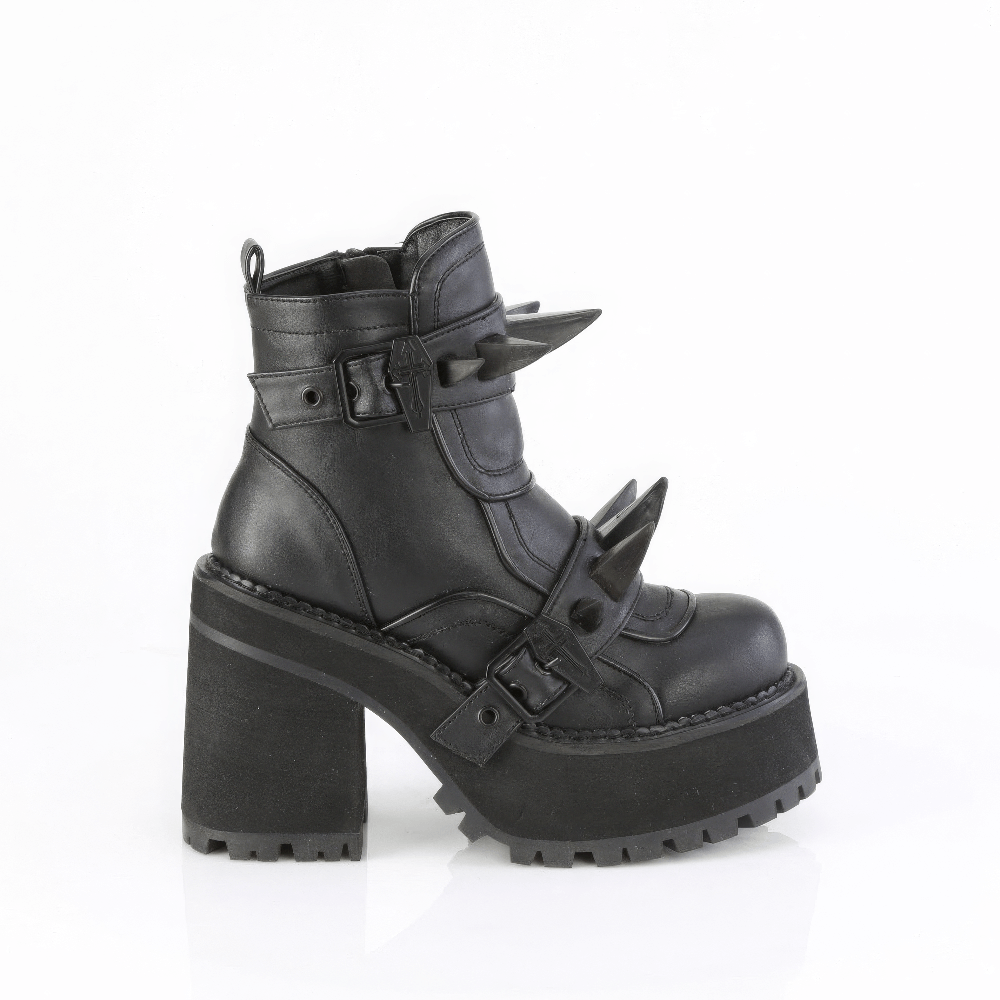 Demonia black studded ankle boots with claw spikes and coffin buckles on a high block heel.