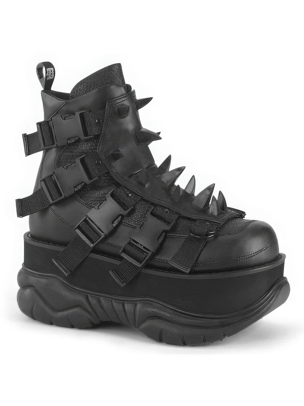 DEMONIA Black Studded Shield Platform Ankle Boot