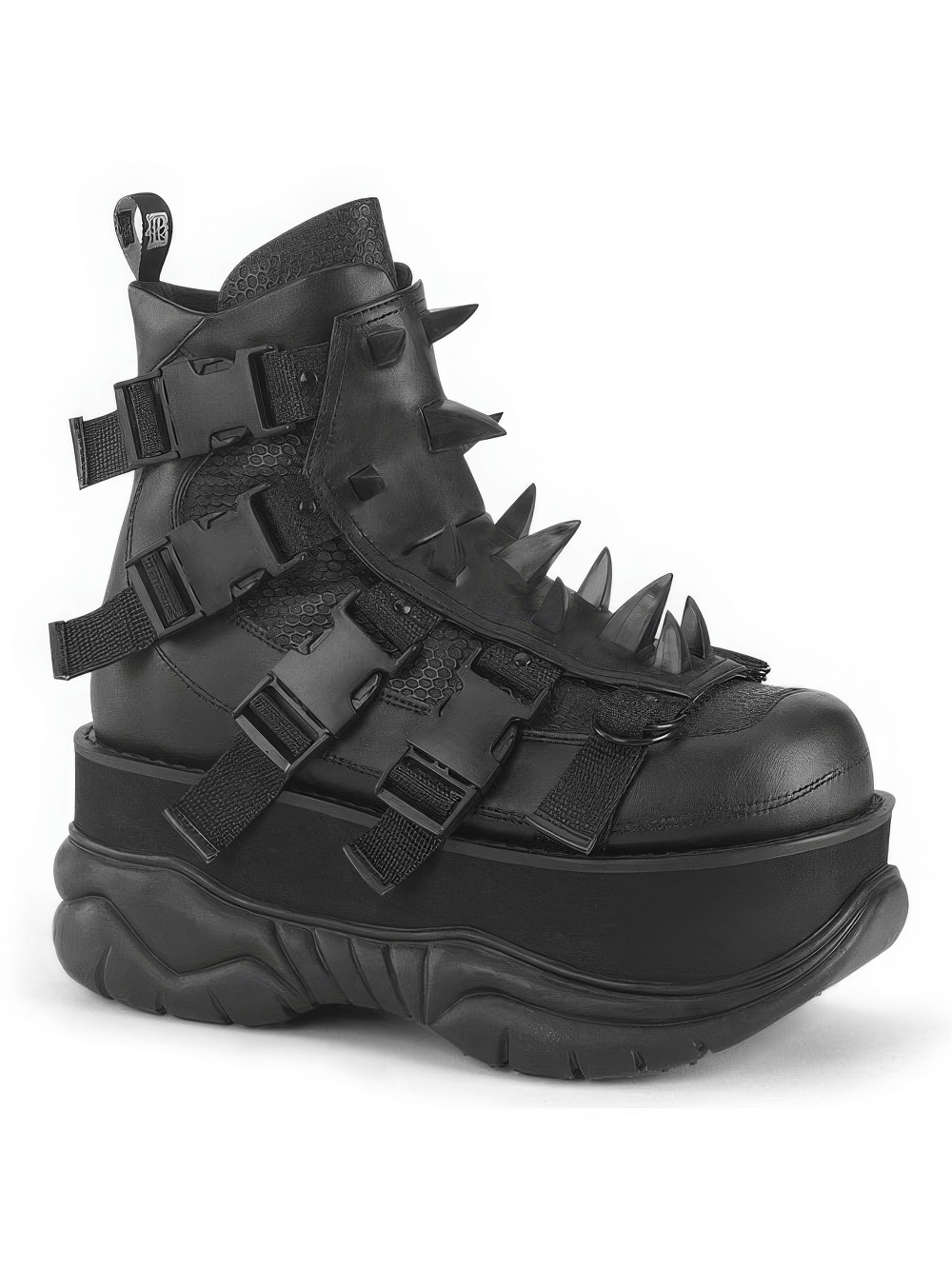 Demonia black studded shield platform ankle boot with claw spikes and buckles, perfect for bold fashion statements.