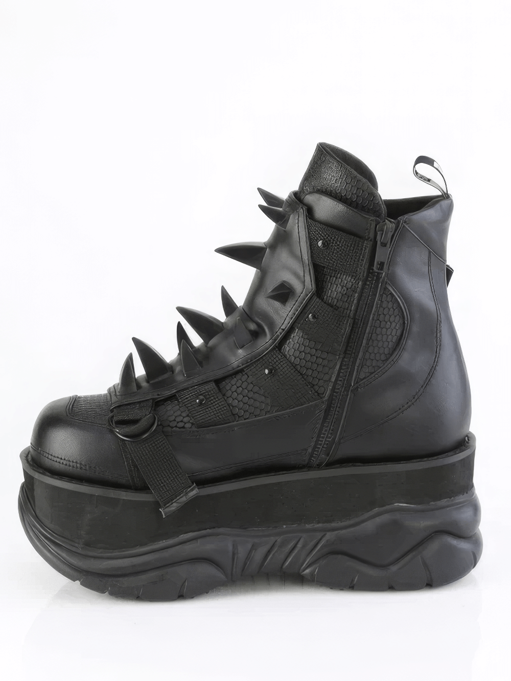 Demonia black studded shield platform ankle boot with claw spike detailing and modern buckle design.