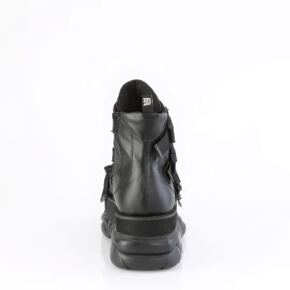 DEMONIA Black Studded Shield Platform Ankle Boot