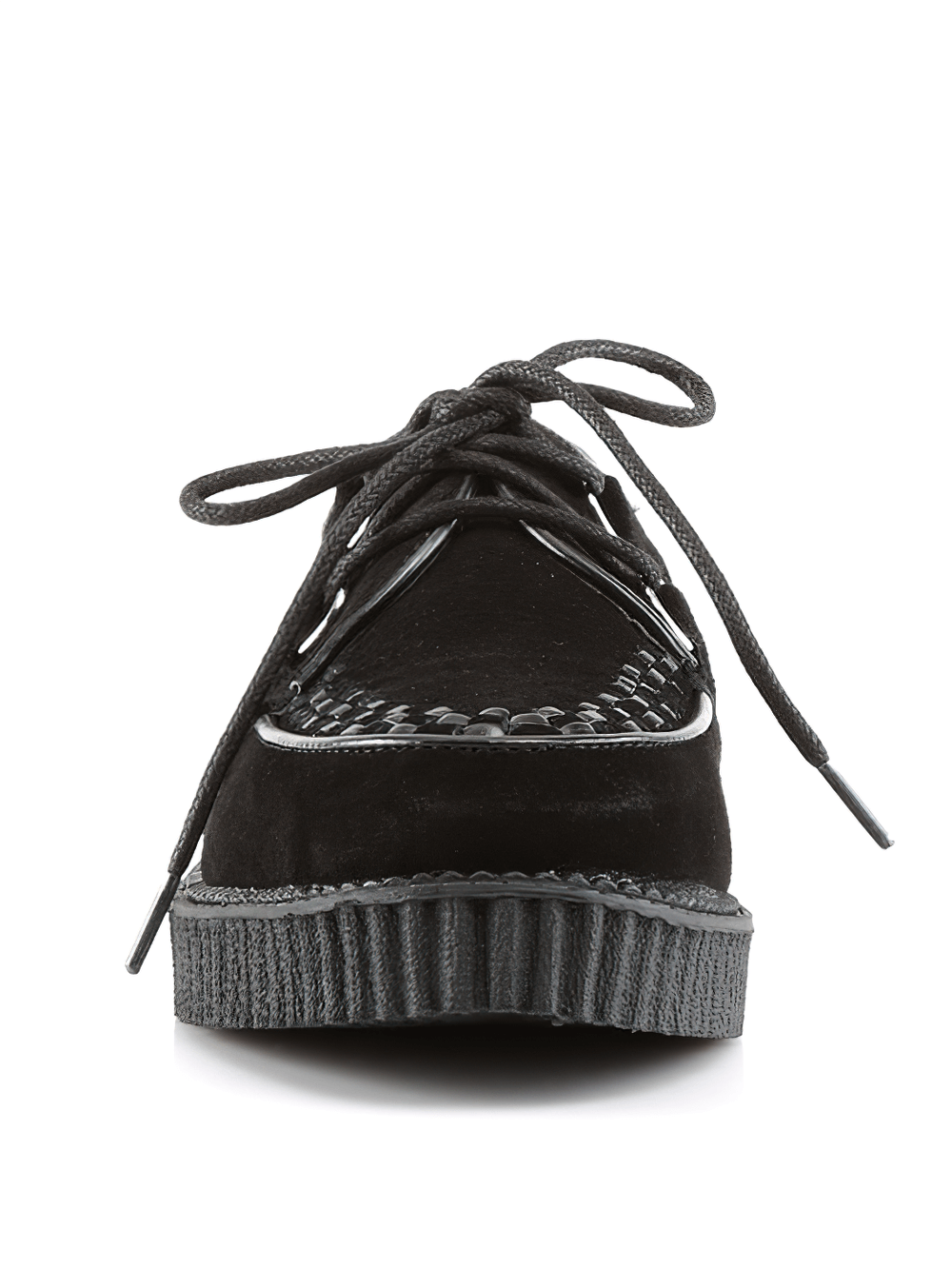 Front view of DEMONIA black suede lace-up platform creepers, perfect for punk and rockabilly styles.