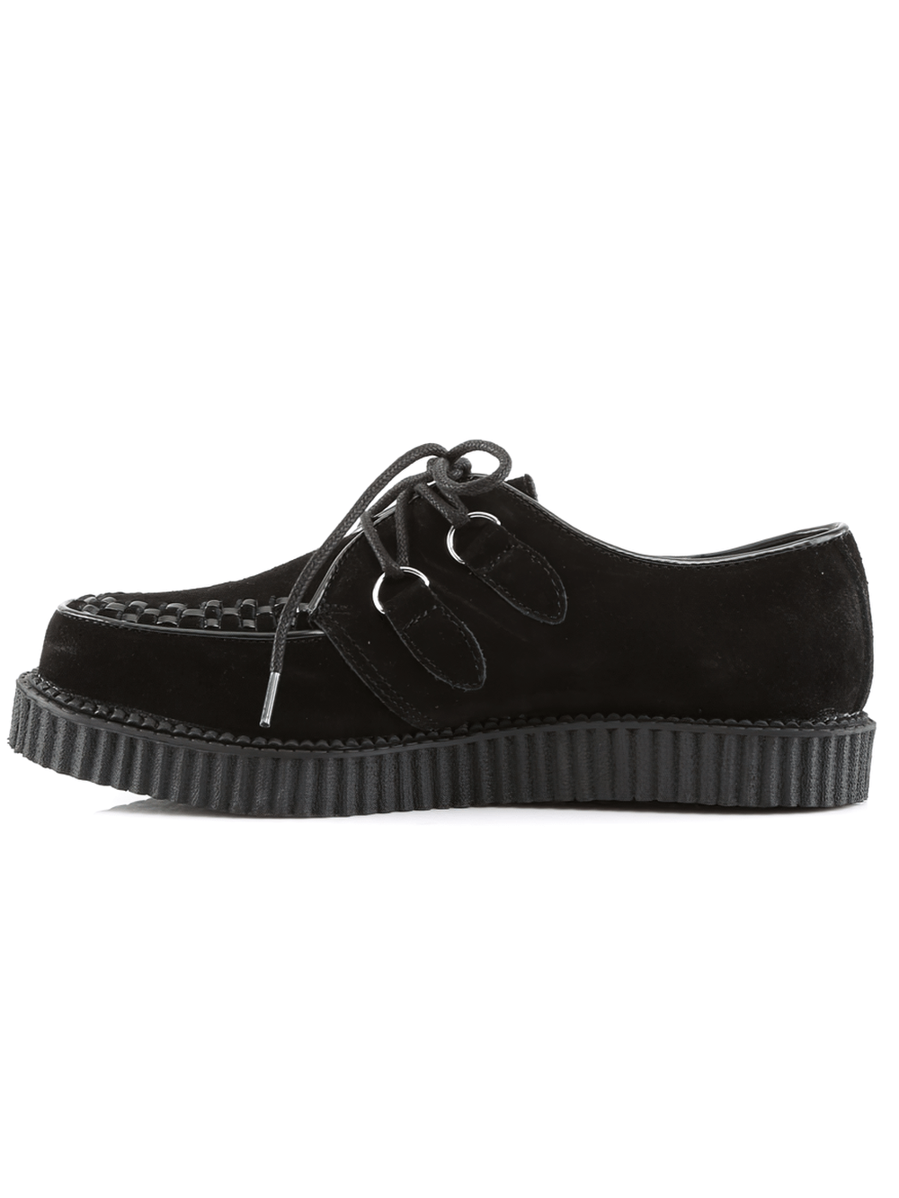 Demonia black suede lace-up platform creepers for punk and rockabilly style, featuring a 1-inch platform.