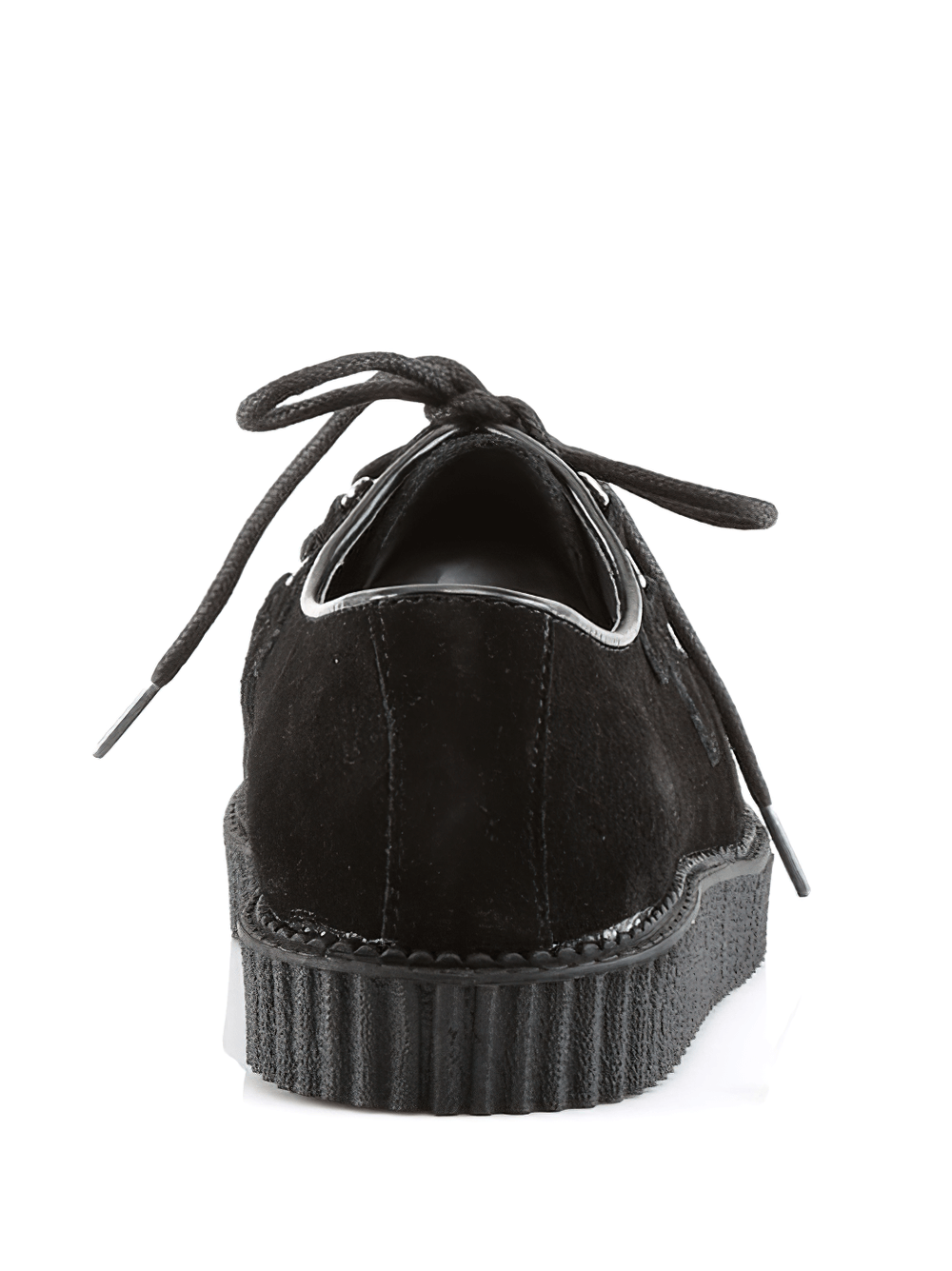 Back view of Demonia black suede lace-up platform creepers for punk and rockabilly styles.