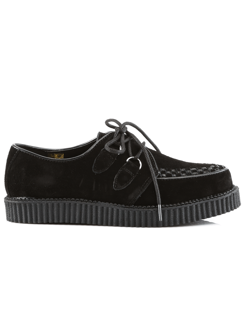 Demonia black suede lace-up platform creepers for punk and rockabilly styles, featuring a 1-inch platform.