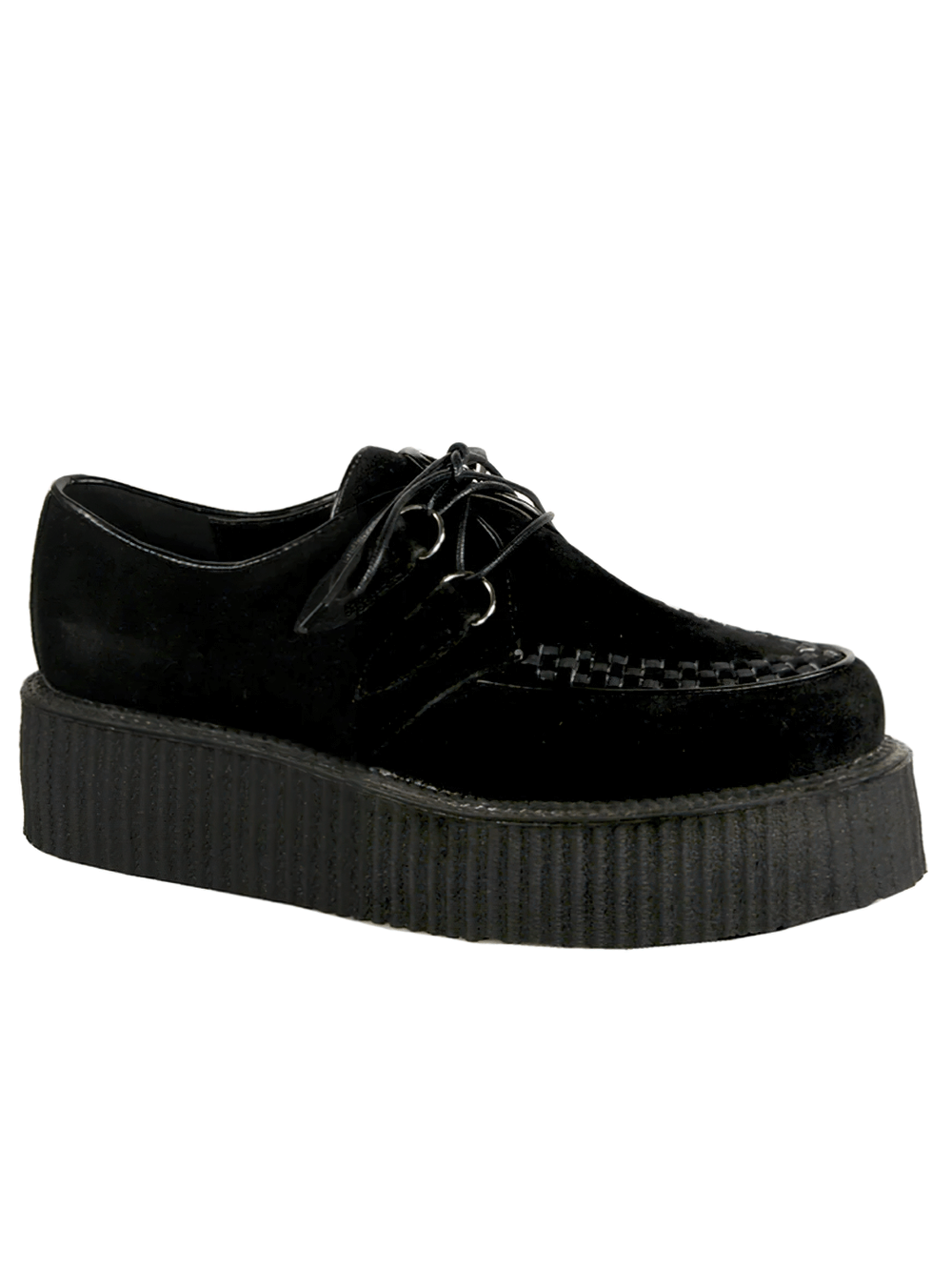 Demonia black suede vegan goth platform creepers with classic design and 2-inch platform for a stylish height boost.