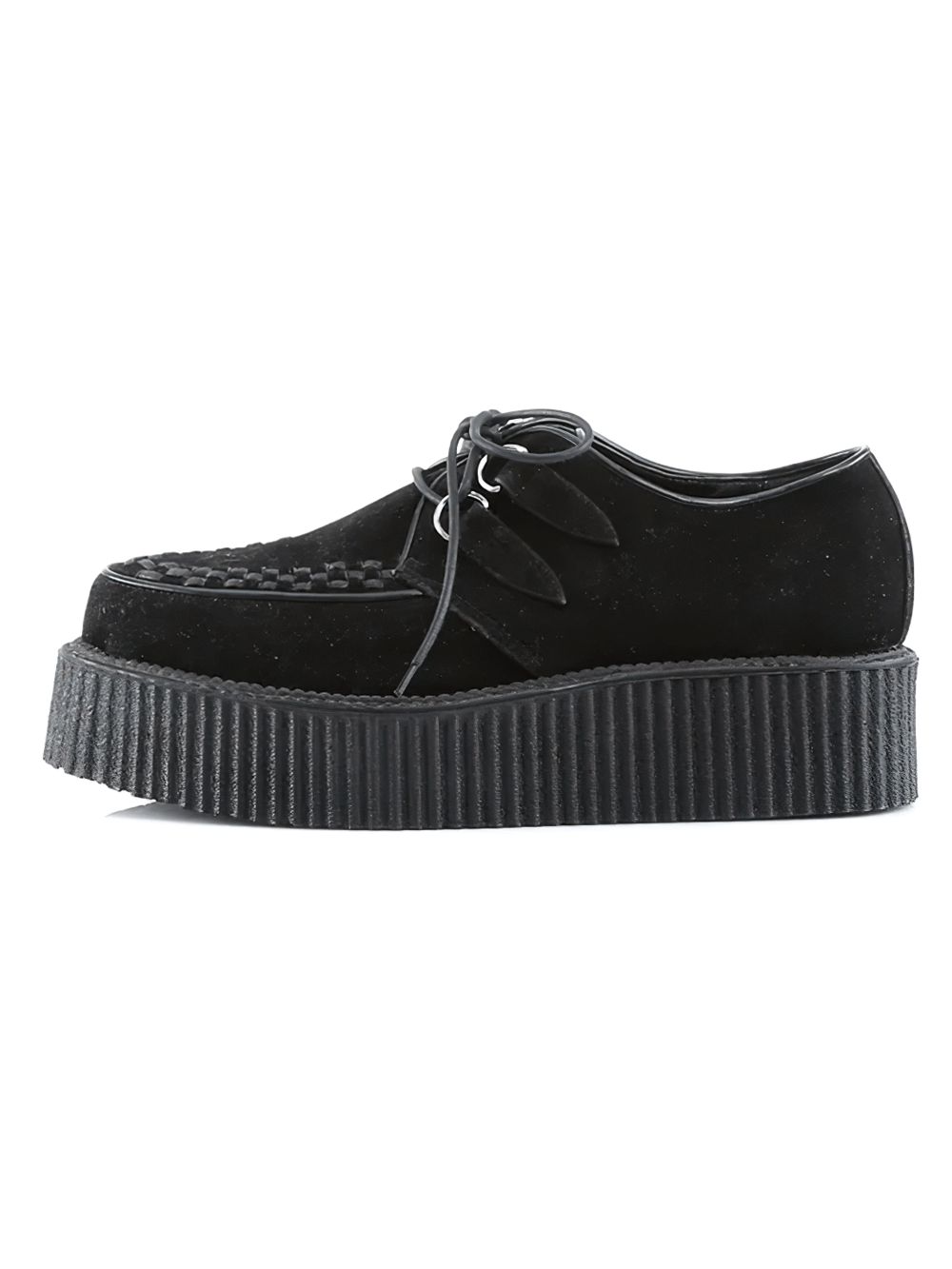 Demonia black suede vegan goth platform creepers with a 2-inch sole, perfect for a stylish gothic look.