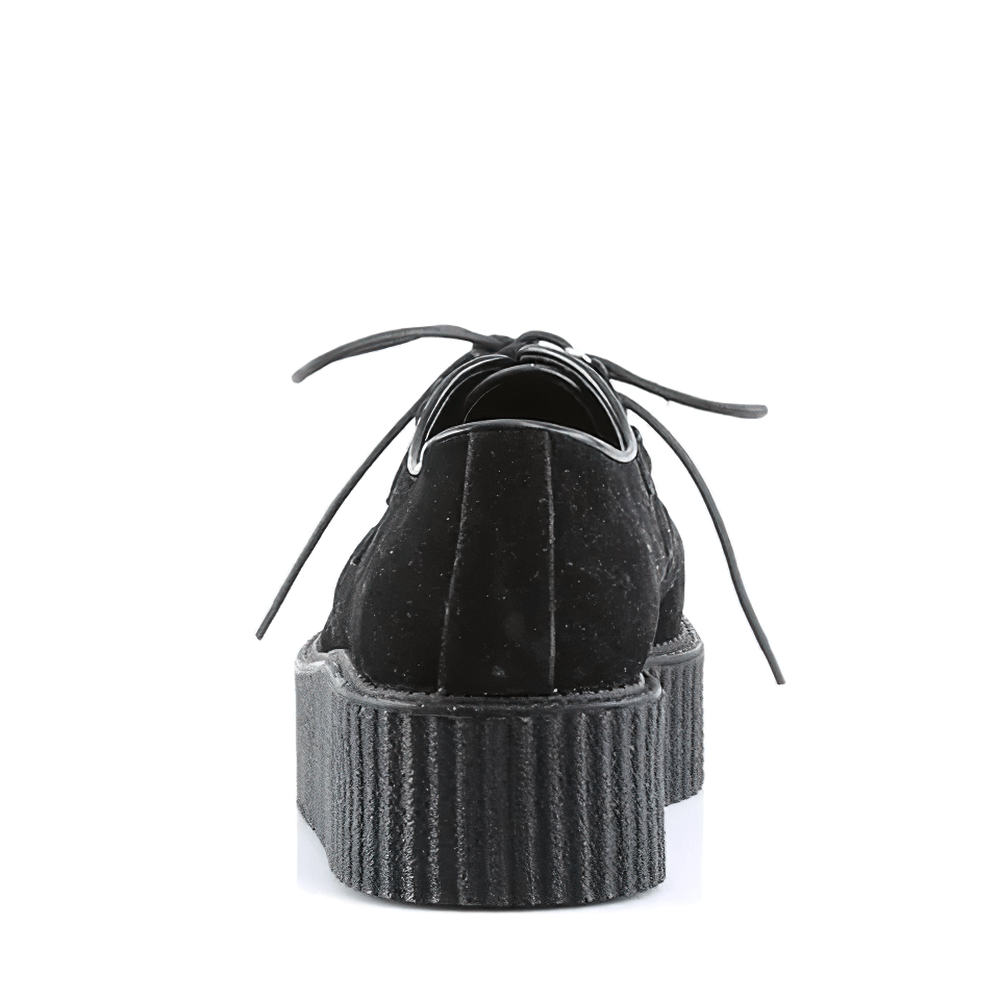 Back view of Demonia black suede vegan goth platform creepers with laces and textured sole.