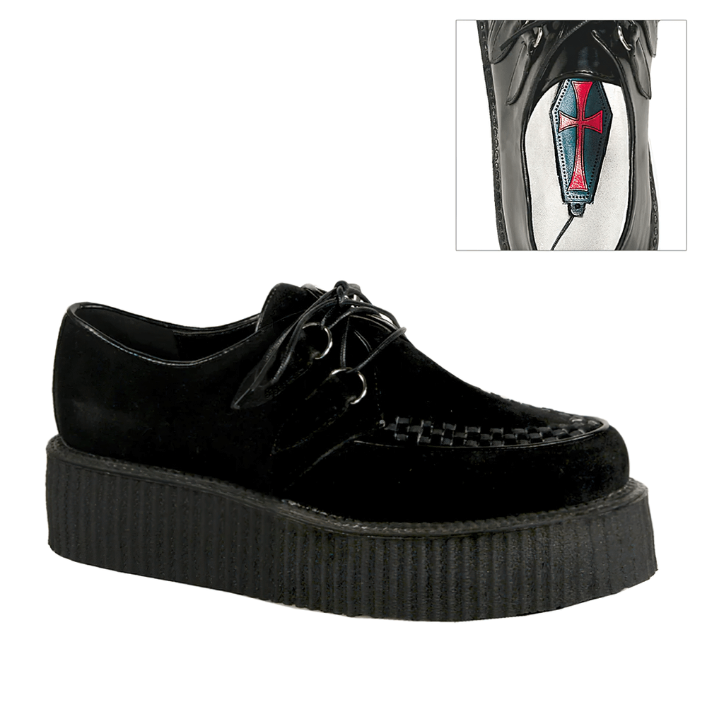 Demonia black suede vegan goth creepers with 2-inch platform, featuring classic design and stylish stitching.