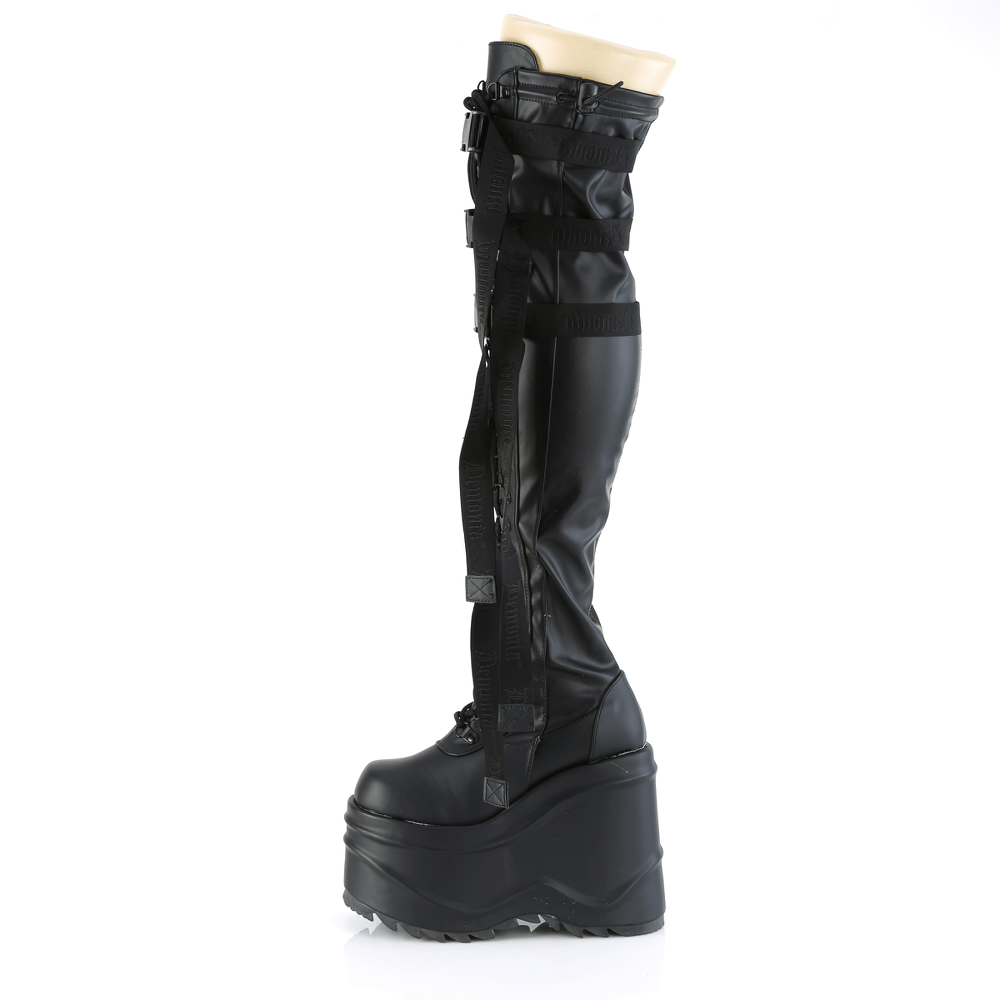 DEMONIA Black Thigh-High Boots with Snap Buckles and Straps