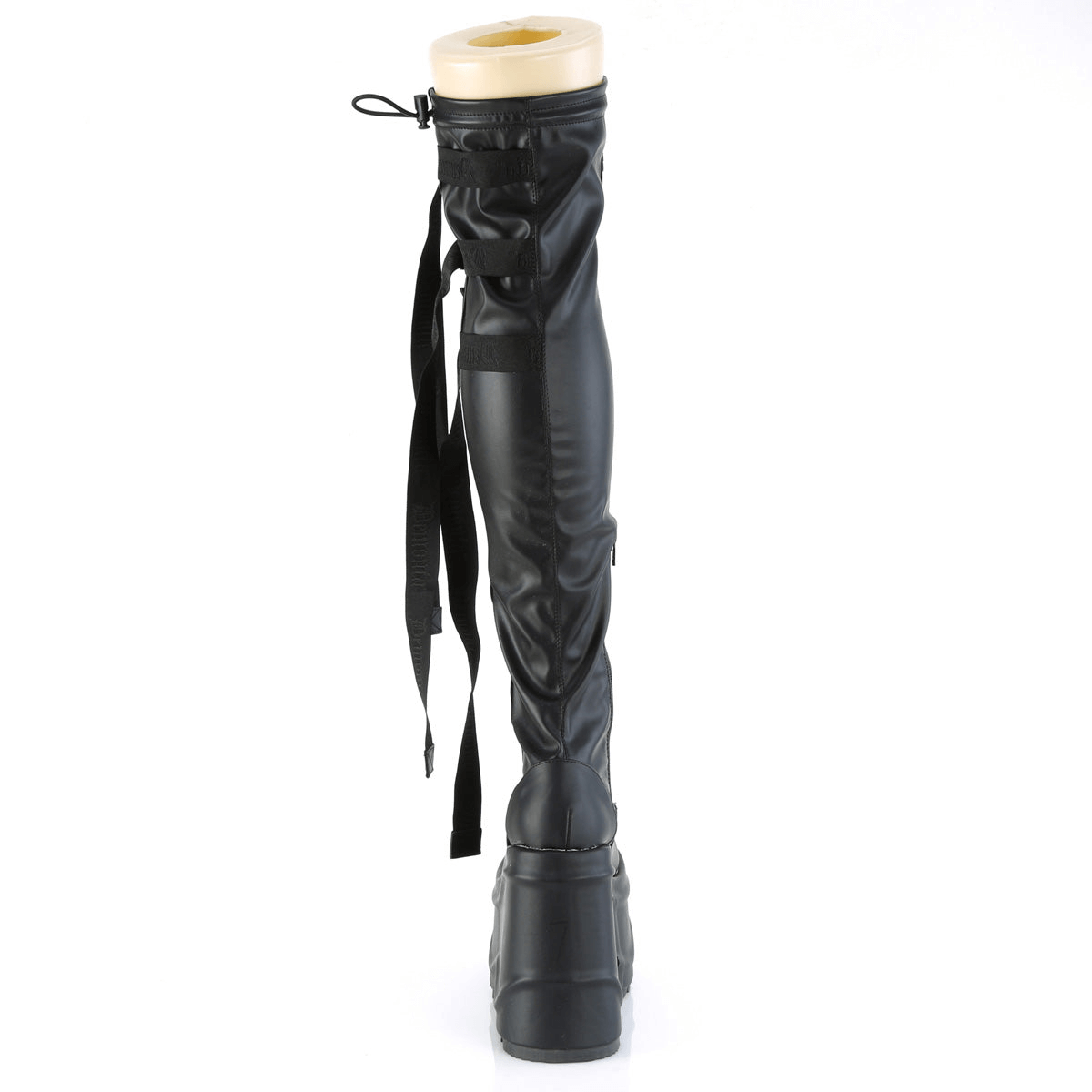 Demonia black thigh-high boots with snap buckles and straps, featuring a sleek lace-up design and 6-inch wedge platform.