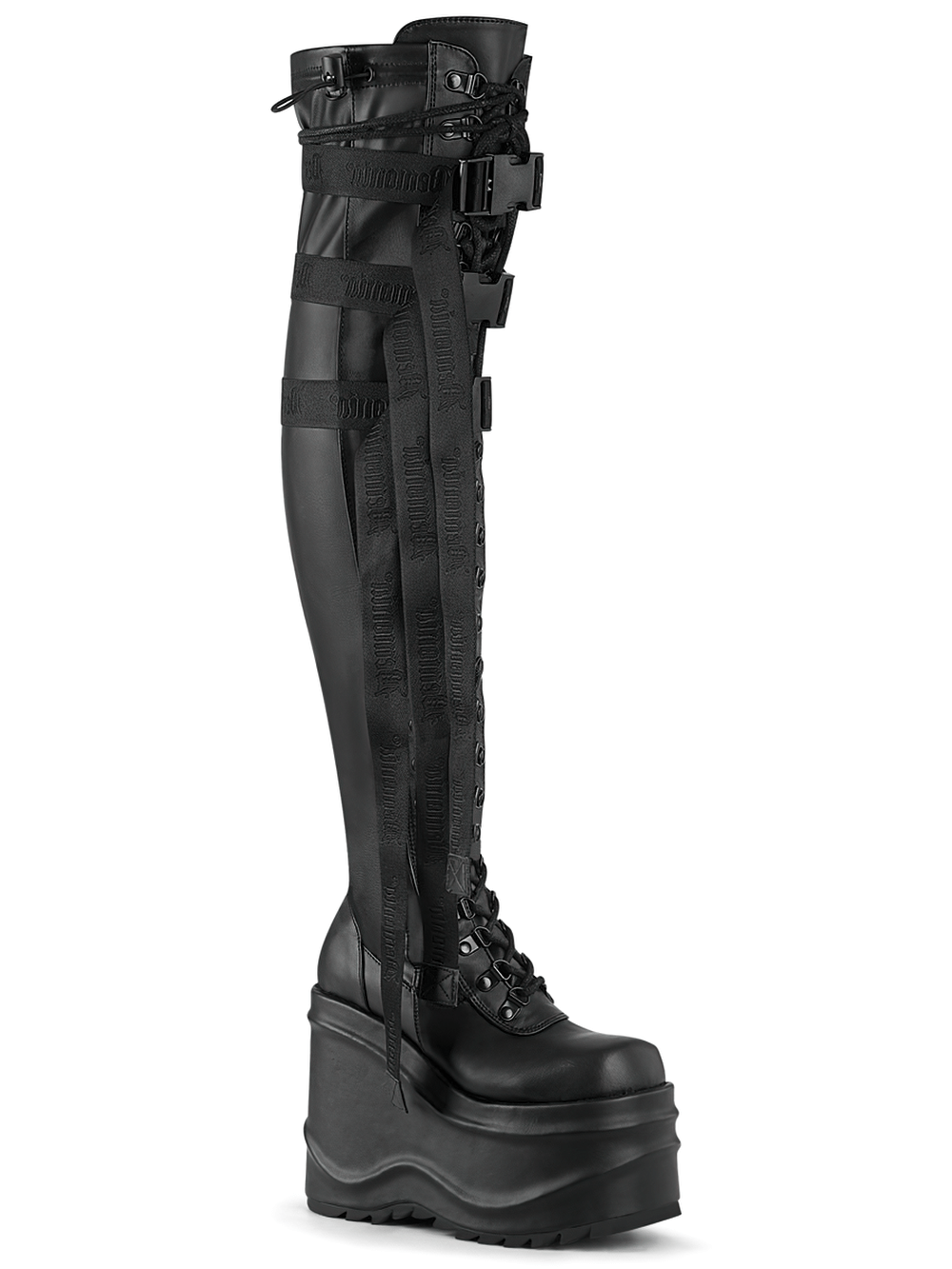 DEMONIA Black Thigh-High Boots with Snap Buckles and Straps