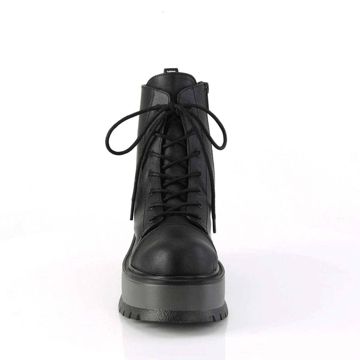 Front view of DEMONIA Black Vegan Lace-Up Platform Ankle Boots with sturdy 2-inch platform for edgy style.