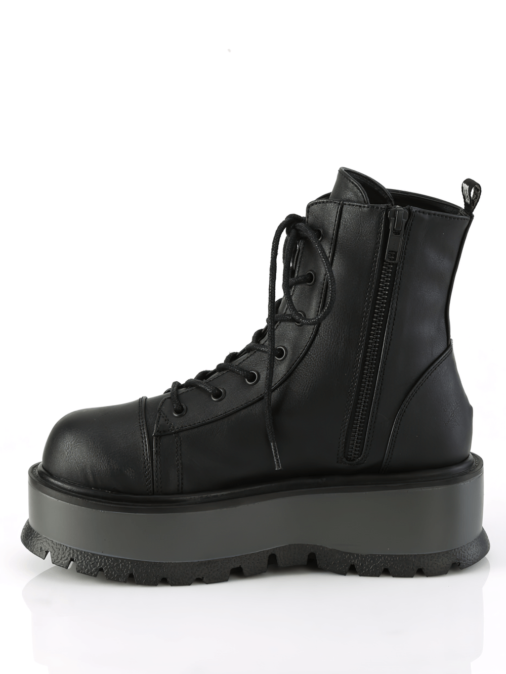 Demonia black vegan lace-up platform ankle boots with zip for edgy style and comfort.