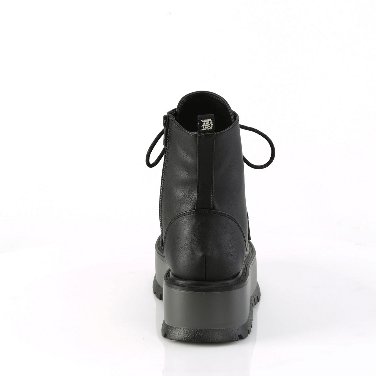 Back view of DEMONIA black vegan lace-up platform ankle boots featuring sturdy 2-inch heel and zip closure.