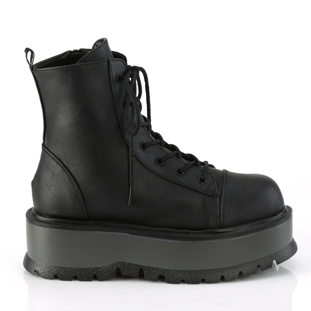Stylish black vegan lace-up platform ankle boots with a chunky sole and metal zip closure.