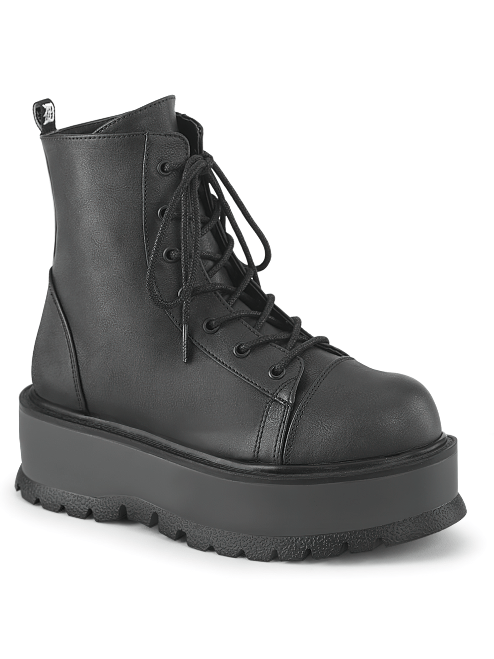 Demonia black vegan lace-up platform ankle boots with a chunky 2-inch sole and rugged outsole for edgy style.