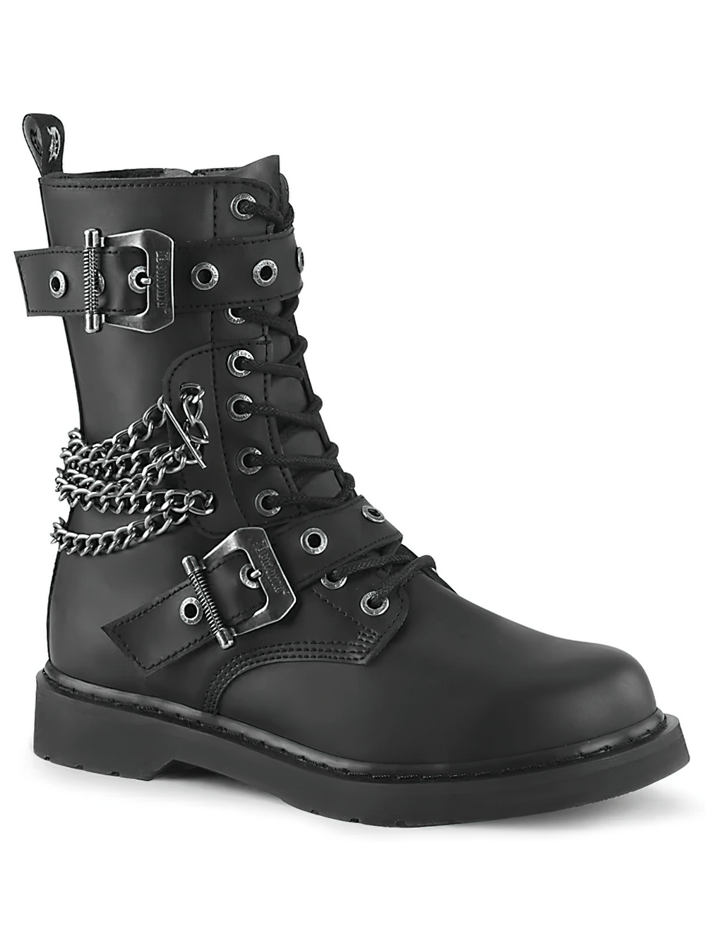 Demonia black vegan leather combat boots with grommet straps and chain accents, perfect for bold fashion statements.