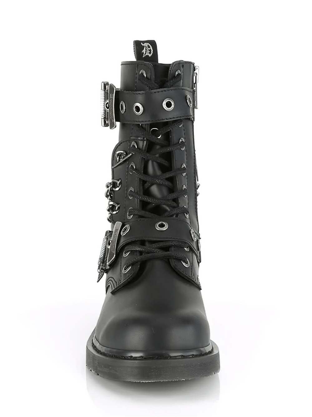 Demonia black vegan leather 10-eyelet combat boots with grommet and chain accents, perfect for bold styles.
