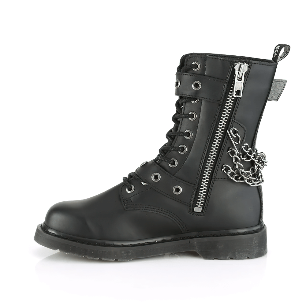 Demonia black vegan leather combat boots with grommet details and chain accents, perfect for bold fashion statements.