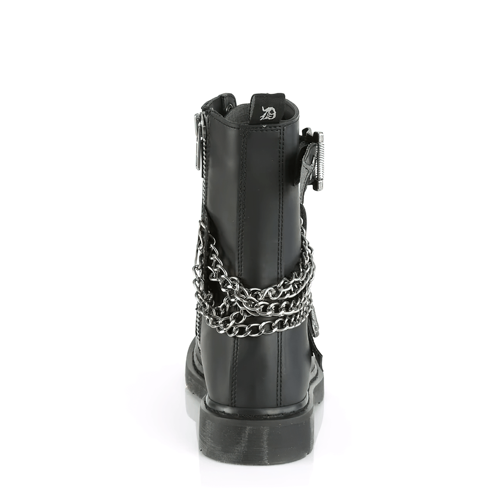 Back view of DEMONIA black vegan leather 10-eyelet combat boots with chains and grommet details.