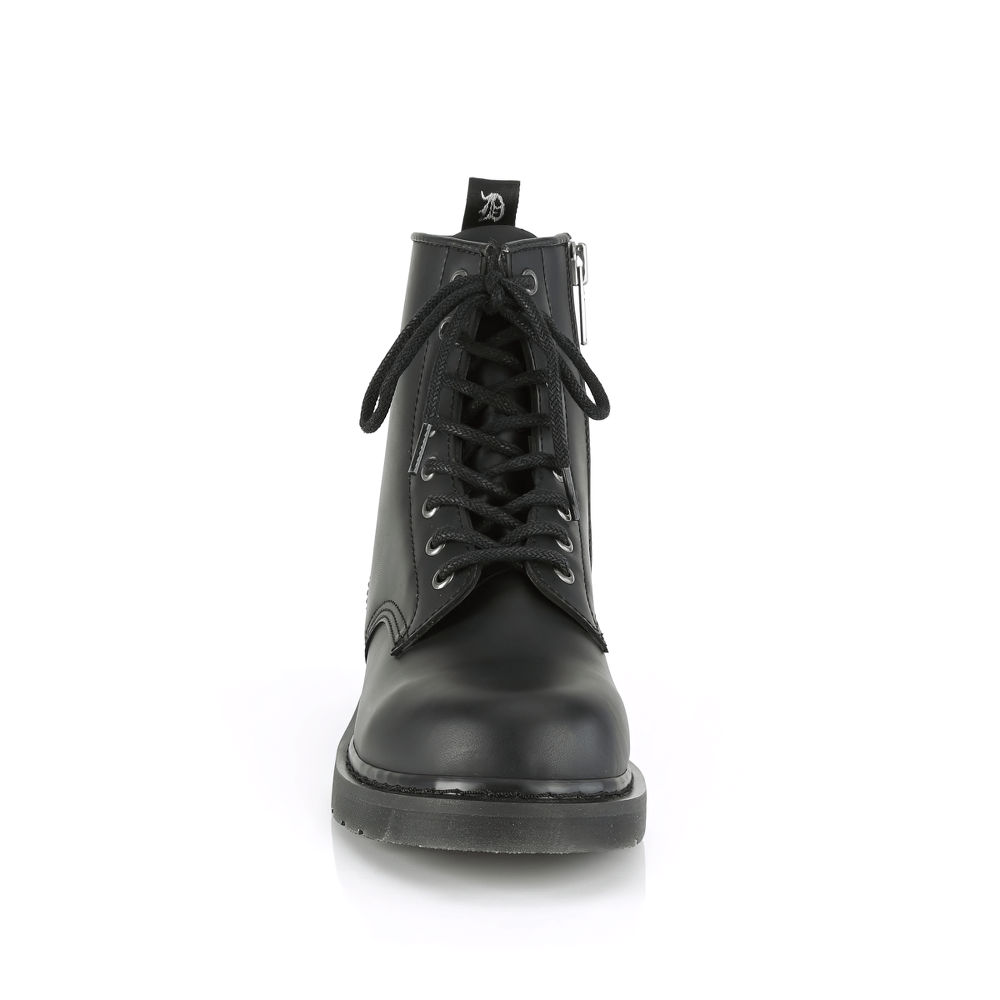 DEMONIA Black Vegan Leather Lace-Up Mid Calf Boot