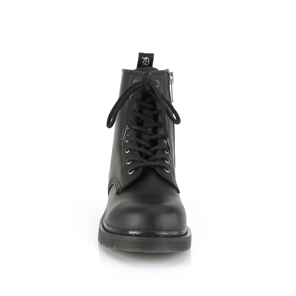 Demonia Black Vegan Leather Lace-Up Mid Calf Boot with 8 eyelets and inside zip for easy wear.