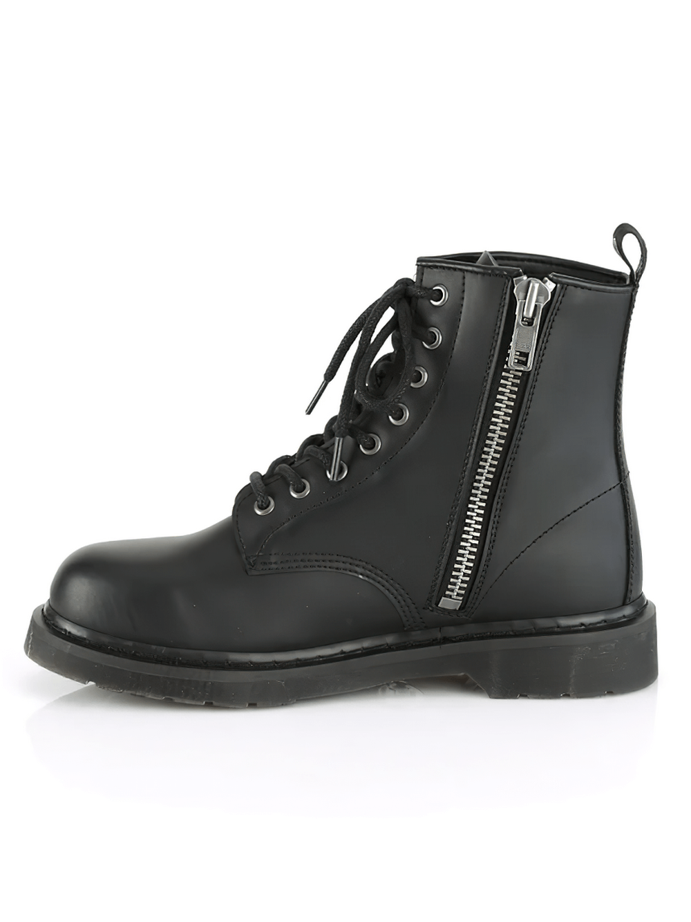 Demonia black vegan leather lace-up mid-calf boot with zipper detail and flat heel, perfect for urban style.