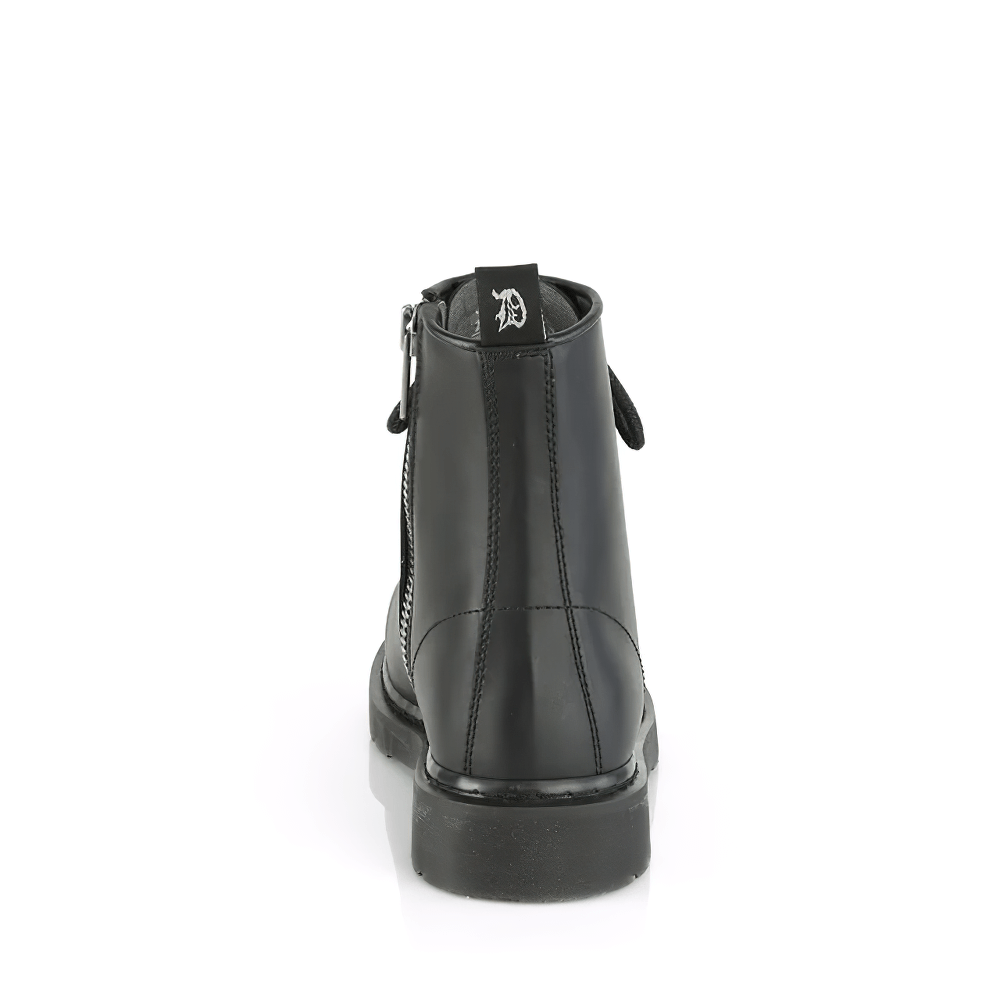Back view of DEMONIA Black Vegan Leather Lace-Up Mid Calf Boot, featuring a stacked heel and inside zip for easy wear.
