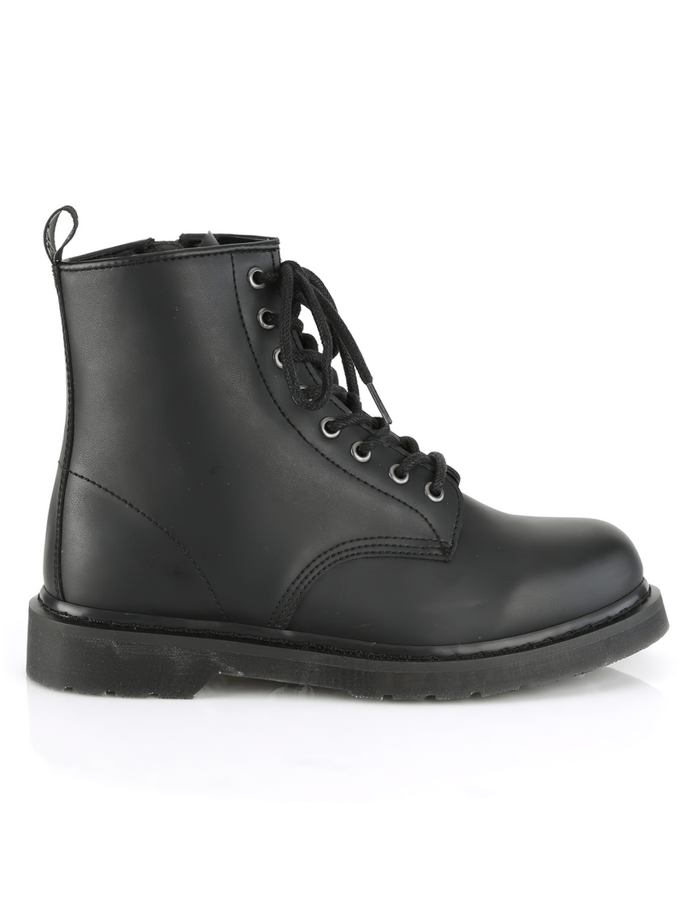 Demonia black vegan leather mid-calf lace-up boot with stacked flat heel and inside zip for easy wear.