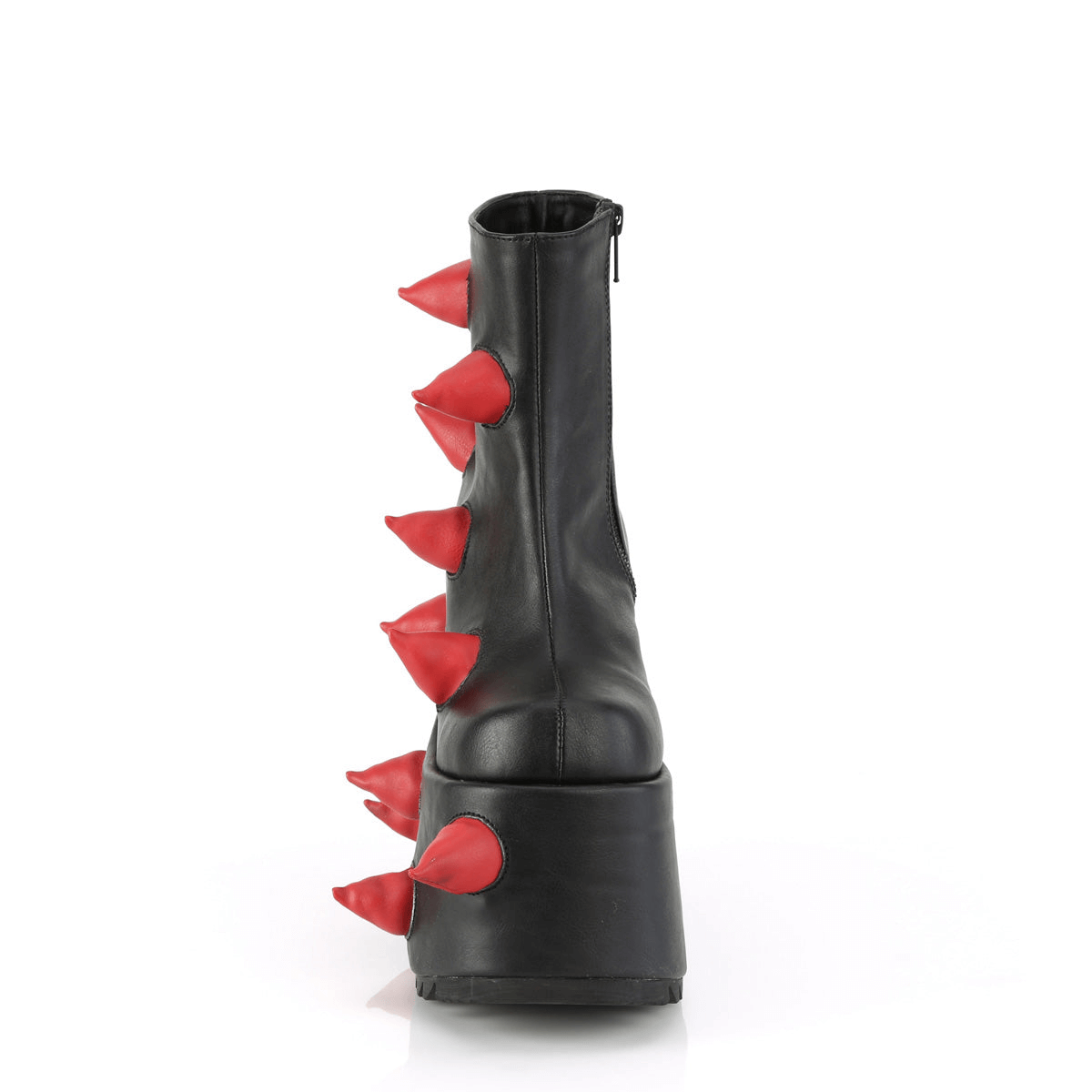 Black vegan platform boot with red spikes, featuring a 7-inch wedge and a sleek zip closure.
