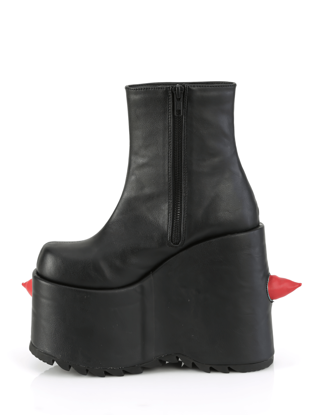 Demonia black vegan platform boots with red spikes and puffed horns, 7-inch wedge ankle boot design.