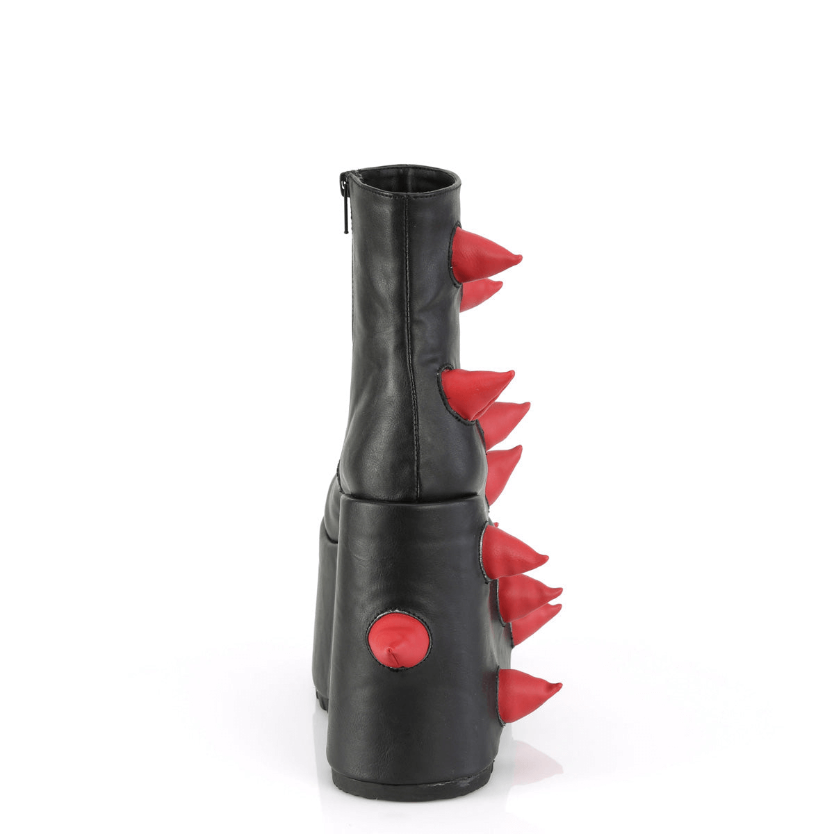 Demonia black vegan platform boots with red spikes and puffed horns for an edgy look.