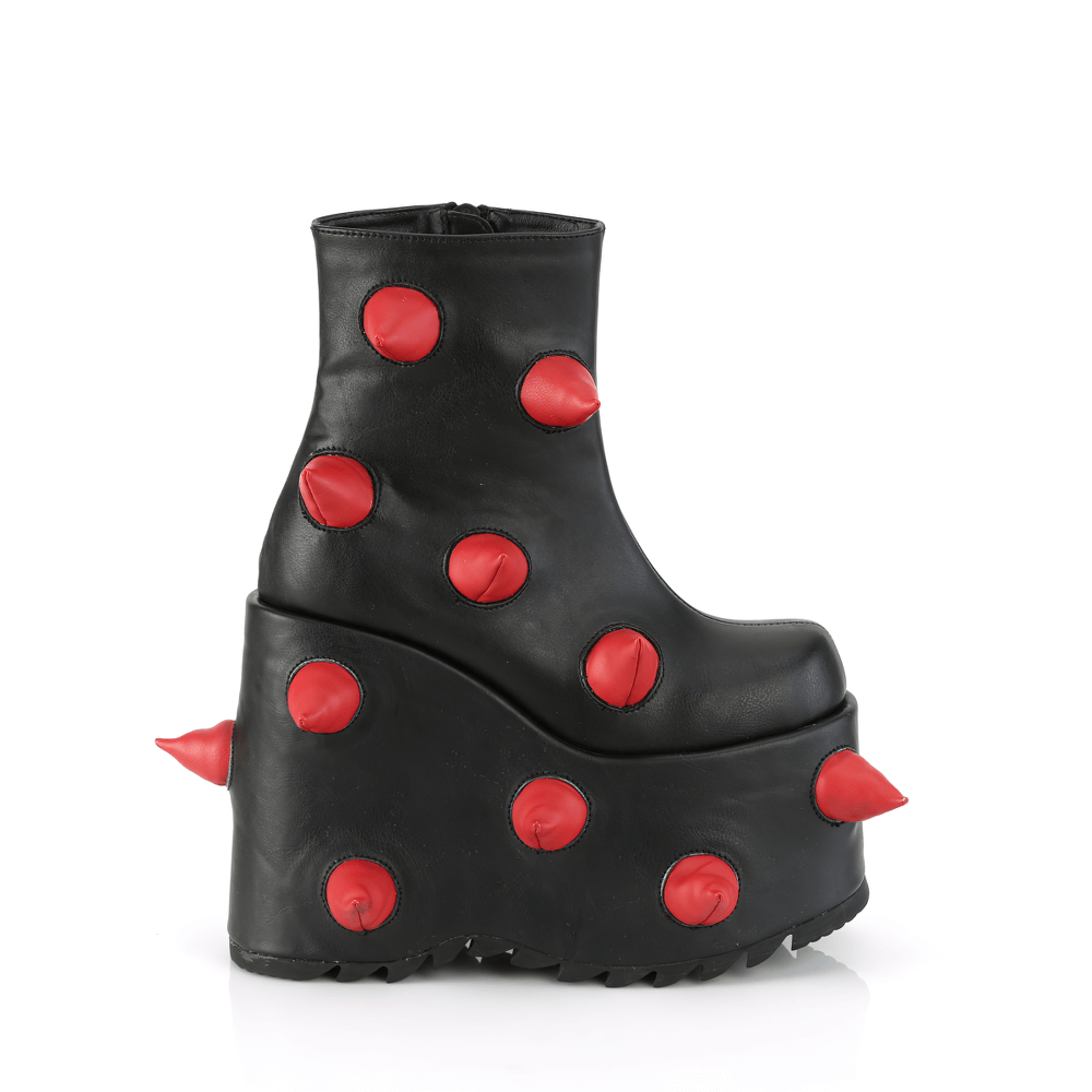 Dare to stand out with Demonia black vegan platform boots featuring bold red spikes and a sleek design.